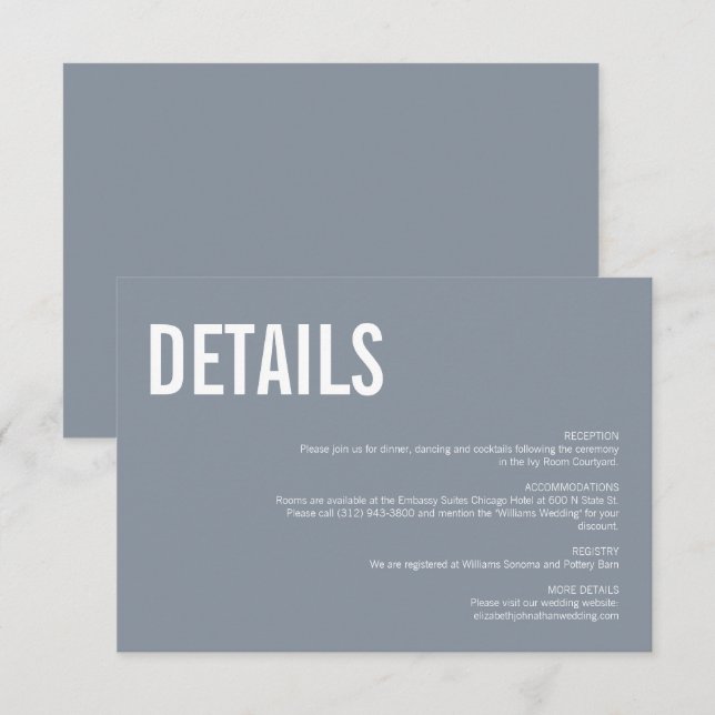 Carte D'accompagnement Mariage simple Dusty Blue Typography Détails (Devant / Derrière)