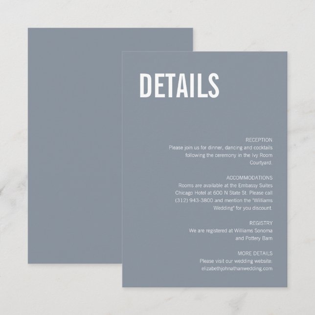 Carte D'accompagnement Mariage simple Dusty Blue Typography Détails (Devant / Derrière)