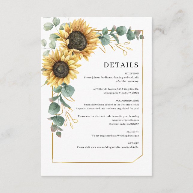 Carte D'accompagnement Mariage Tournesol Eucalyptus Économique (Devant)