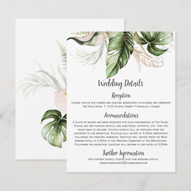 Carte D'accompagnement Mariage Tropical Floral Rose Poudré et Feuillage D (Devant / Derrière)