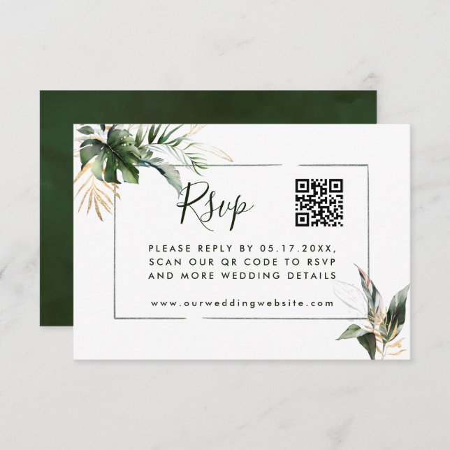 Carte D'accompagnement Mariage vert Feuille tropical RSVP avec code QR (Devant / Derrière)