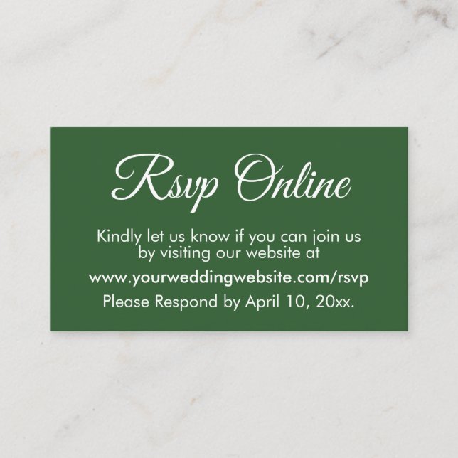 Carte D'accompagnement Mariage vert foncé RSVP Online Élégant Simple (Devant)