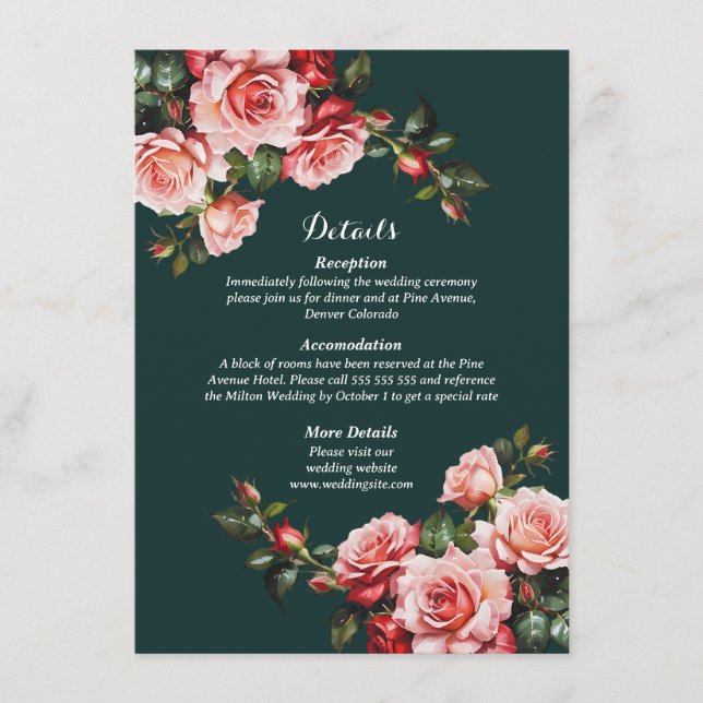 Carte D'accompagnement Mariage vert rose et rose rouge foncé moody (Devant)