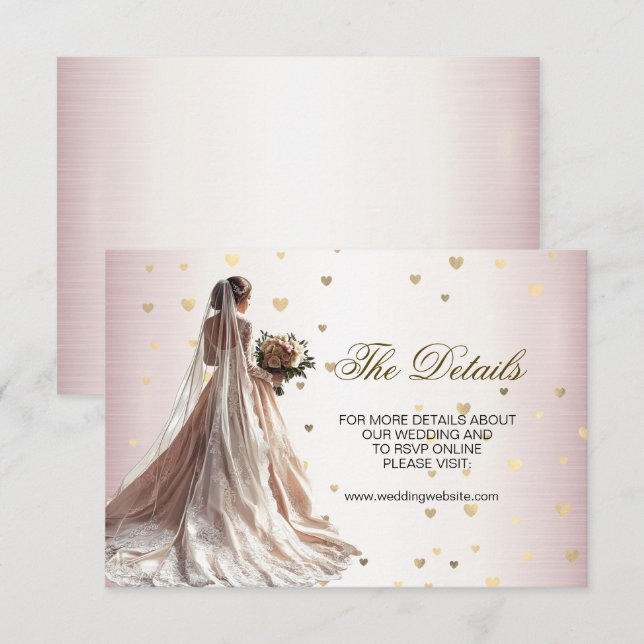 Carte D'accompagnement Mariée d'hiver rose Golden Shiny Hearts (Devant / Derrière)