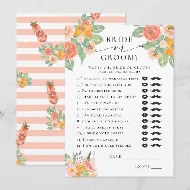 Carte D'accompagnement Mariée ou groom Cocktail brillant Jeu nuptiale (Devant / Derrière)