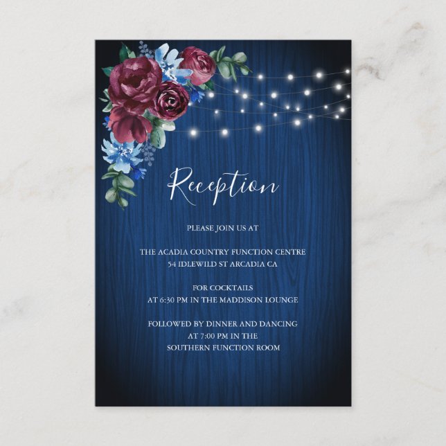 Carte D'accompagnement Marine Bleu Bourgogne Floral Mariage (Devant)