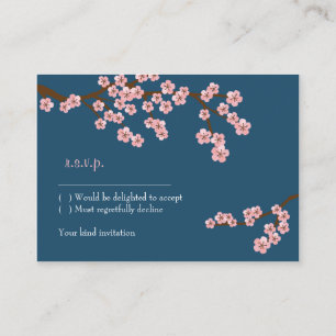 Carte D'accompagnement Marine bleu et rose cerisier fleurie printemps RSV