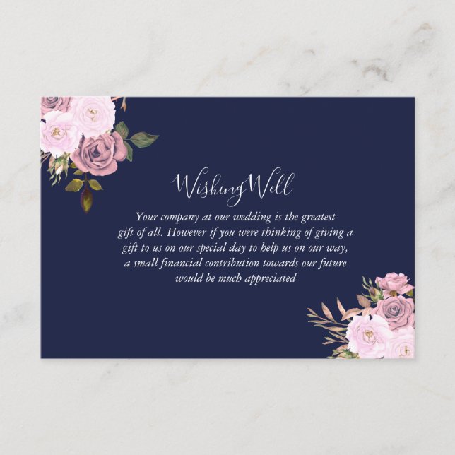 Carte D'accompagnement Marine Bleu & Rose or Floral Mariage Wishing well (Devant)