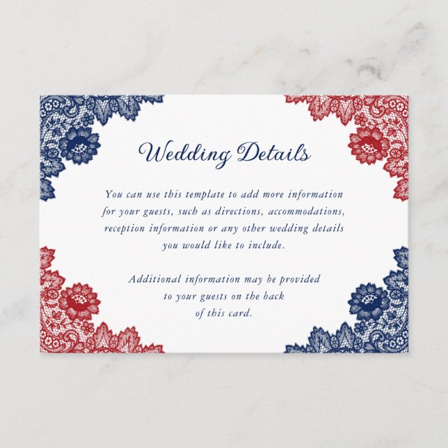 Carte D'accompagnement Marine Blue and Red Floral Lace Détails du Mariage (Devant)