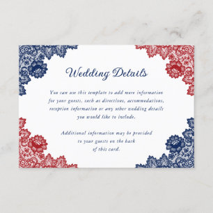 Carte D'accompagnement Marine Blue and Red Floral Lace Détails du Mariage