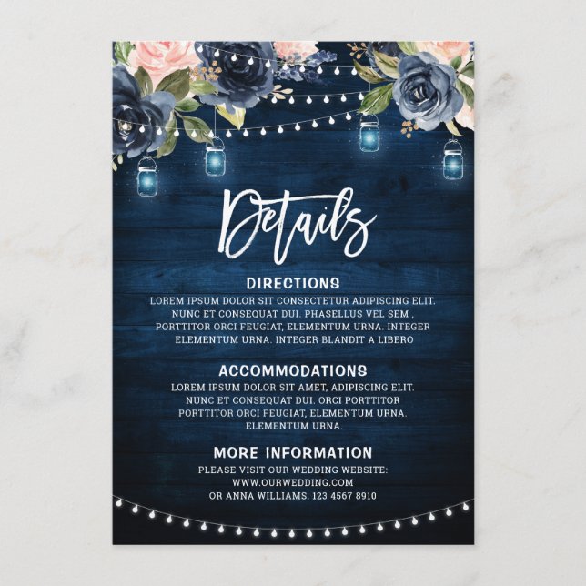 Carte D'accompagnement Marine Blue Blush Floral Russe String Détails de l (Devant)