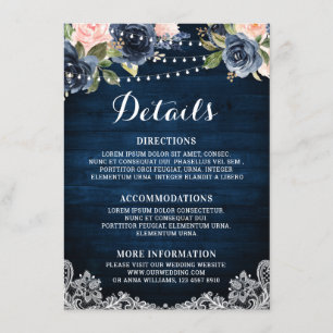 Carte D'accompagnement Marine Blue Blush Floral Russe String Détails de l