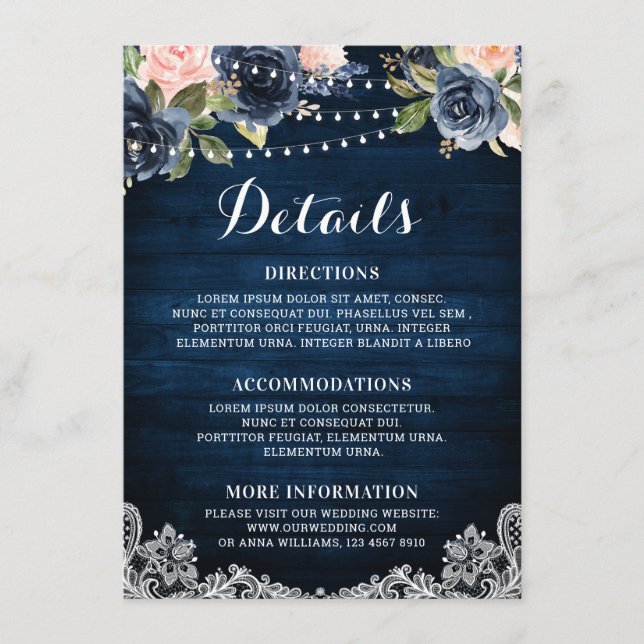Carte D'accompagnement Marine Blue Blush Floral Russe String Détails de l (Devant)