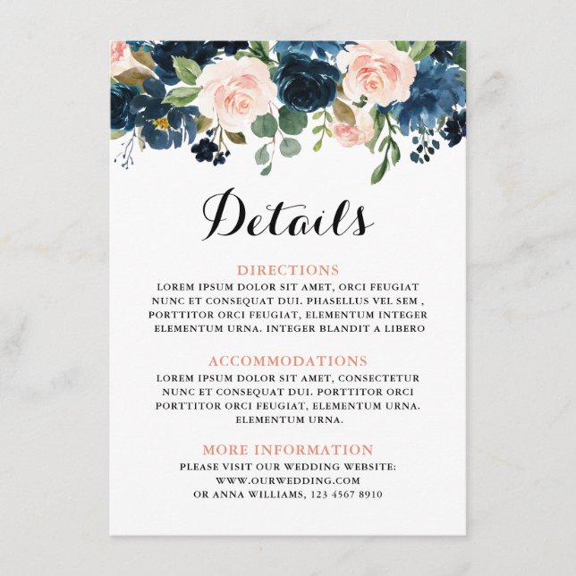 Carte D'accompagnement Marine Blue Blush Rose Rose Boho Détails du Mariag (Devant)