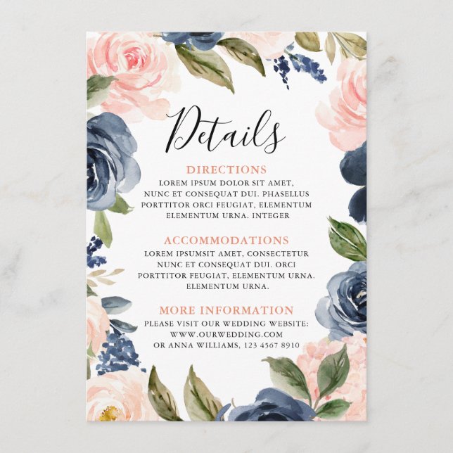 Carte D'accompagnement Marine Blue Blush Rose Rose Boho Détails du Mariag (Devant)