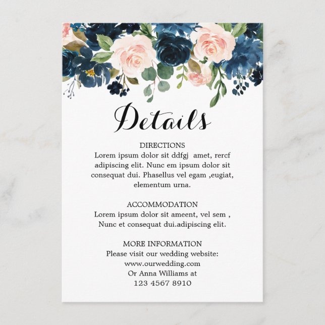 Carte D'accompagnement Marine Blue Blush Rose Rose Boho Détails du Mariag (Devant)