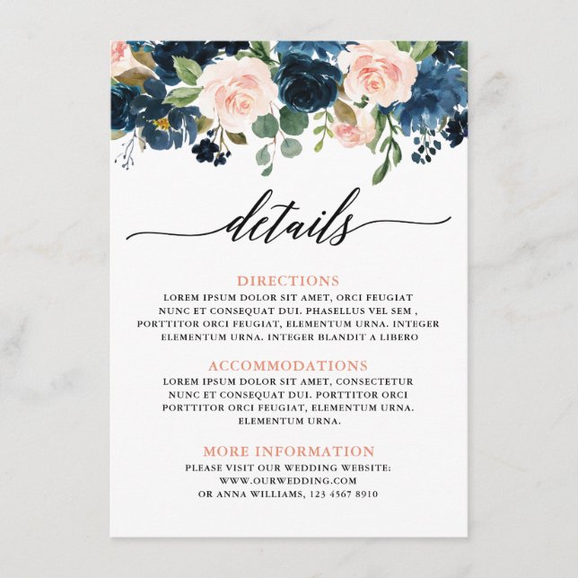 Carte D'accompagnement Marine Blue Blush Rose Rose Boho Détails du Mariag (Devant)