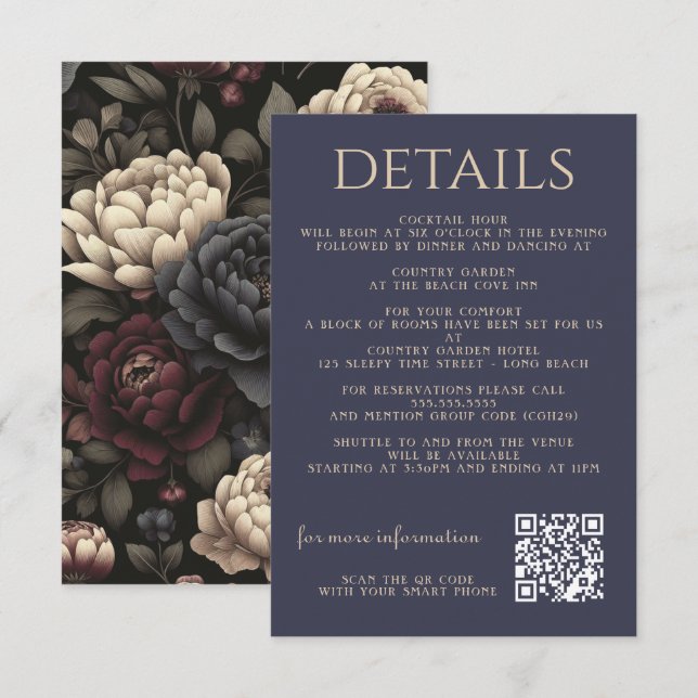 Carte D'accompagnement Marine Blue & Burgundy Moody Floral (Devant / Derrière)