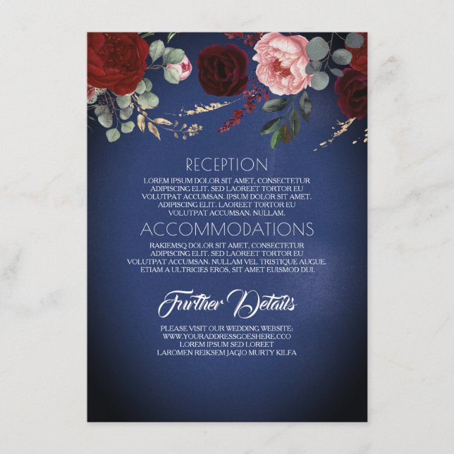 Carte D'accompagnement Marine Blue Gold et Red Floral Mariage Information (Devant)