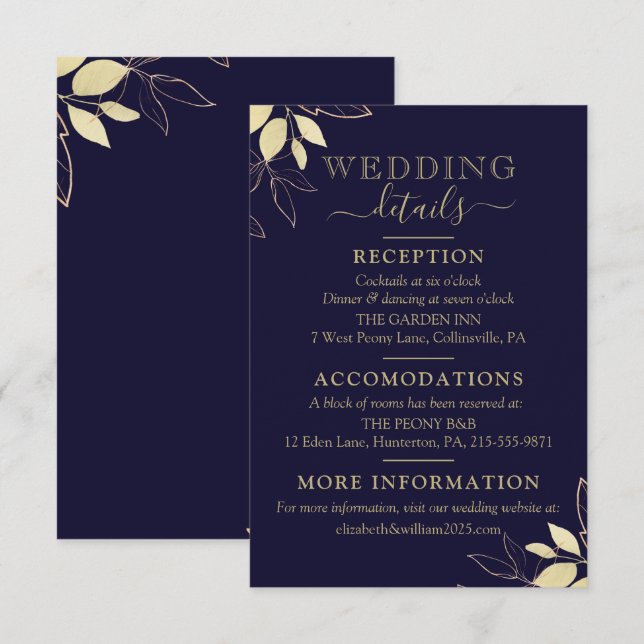 Carte D'accompagnement Marine Blue & Gold Foliage Mariage botanique moder (Devant / Derrière)