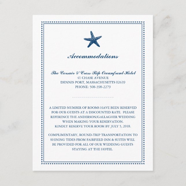 Carte D'accompagnement Marine Blue Graceful Starfish Mariage Hébergements (Devant)