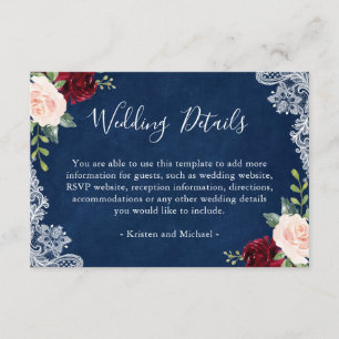 Carte D'accompagnement Marine Blue Red Blush Floral Lace Détails du Maria