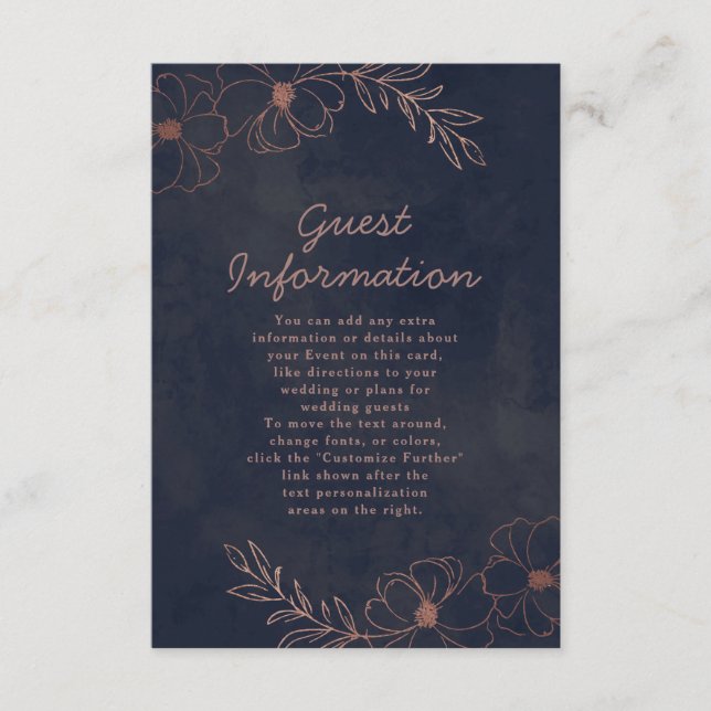 Carte D'accompagnement Marine Blue & Rose Gold Foil Mariage Information (Devant)