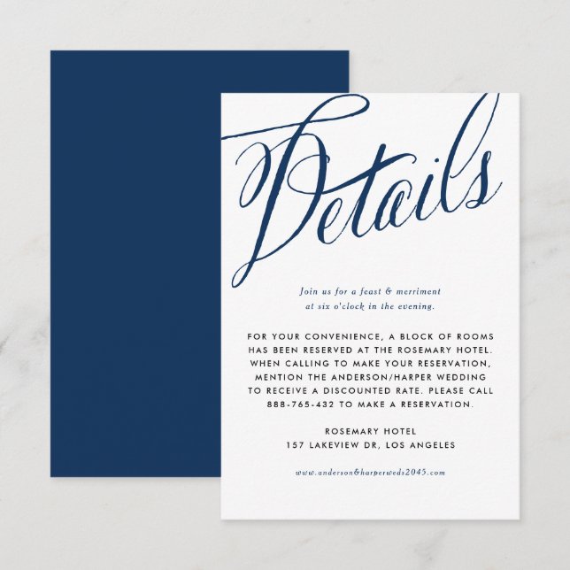 Carte D'accompagnement Marine Blue Rustic Calligraphy Détails du Mariage (Devant / Derrière)