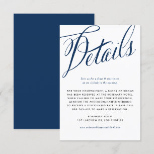Carte D'accompagnement Marine Blue Rustic Calligraphy Détails du Mariage