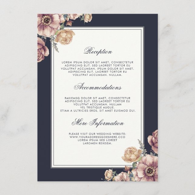 Carte D'accompagnement Marine et Mauve Floral Mariage Information Invité (Devant)