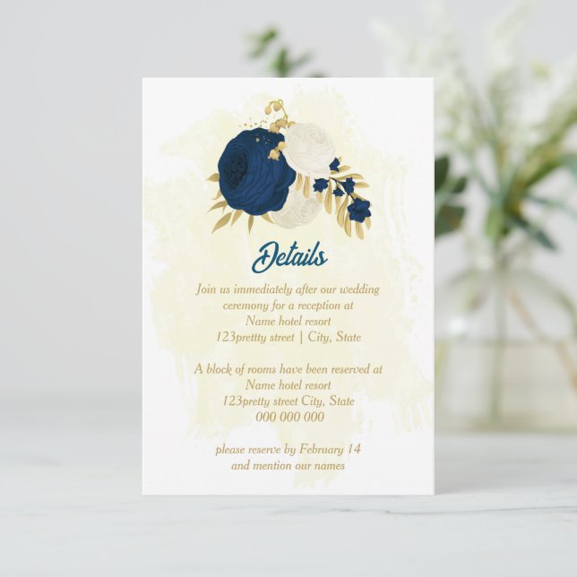 Carte D'accompagnement marine & fleurs blanches or mariage botanique (Debout devant)