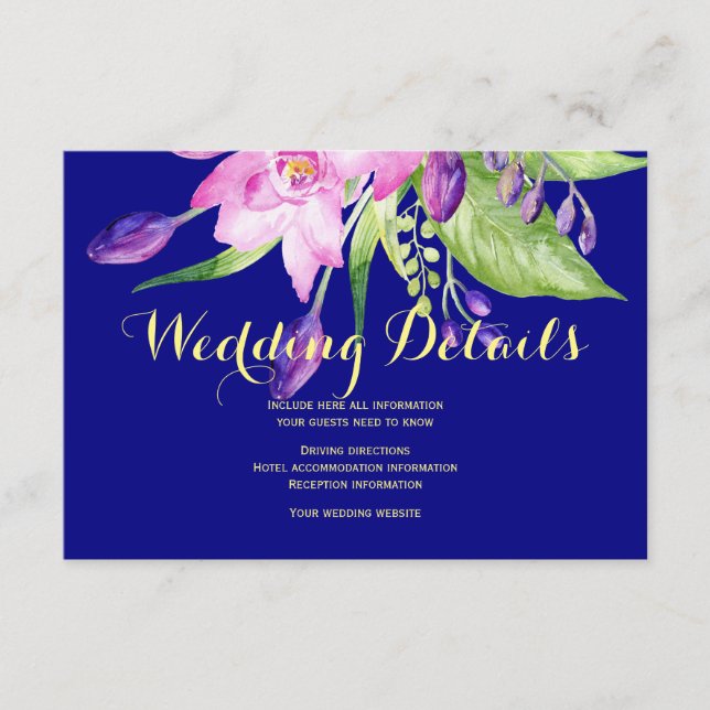 Carte D'accompagnement Marine prune été fleurie mariages détails invités (Devant)