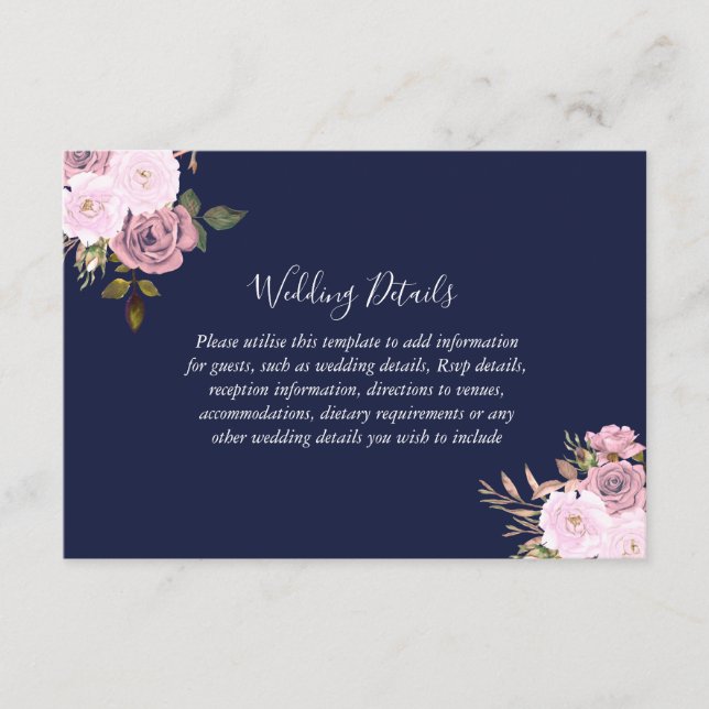 Carte D'accompagnement Marine Rose Gold Floral Wedding Détails de la réce (Devant)