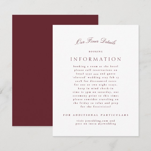 Carte D'accompagnement Maroon Burgundy Classic Élégant Mariage formel (Devant / Derrière)