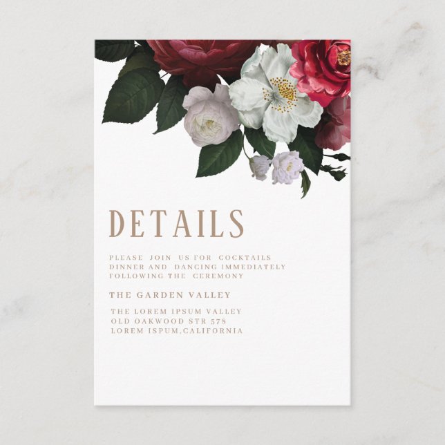 Carte D'accompagnement Maroon romantique Bourgogne détails Mariage (Devant)
