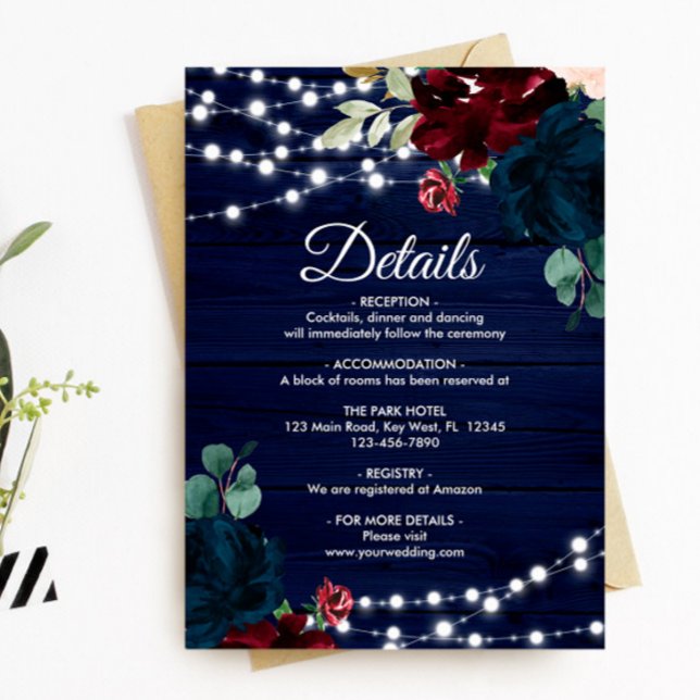 Carte D'accompagnement Marsala & Navy Flowers Rustic Wood Détails (Créateur téléchargé)