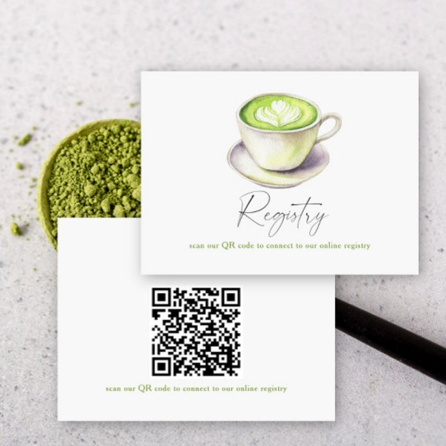 Carte D'accompagnement Matcha thé nuptiale douche code QR pour le registr (Créateur téléchargé)
