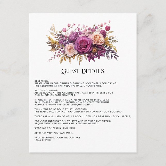 Carte D'accompagnement Mauve and Gold Floral Mariage Détails au sujet de  (Devant)