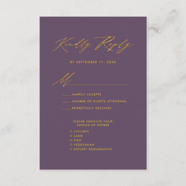 Carte D'accompagnement Mauve Elegant Gold Script Minimaliste Mariage RSVP (Devant)