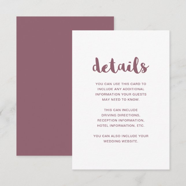 Carte D'accompagnement Mauve et White Mariage Détails sur l'invité (Devant / Derrière)