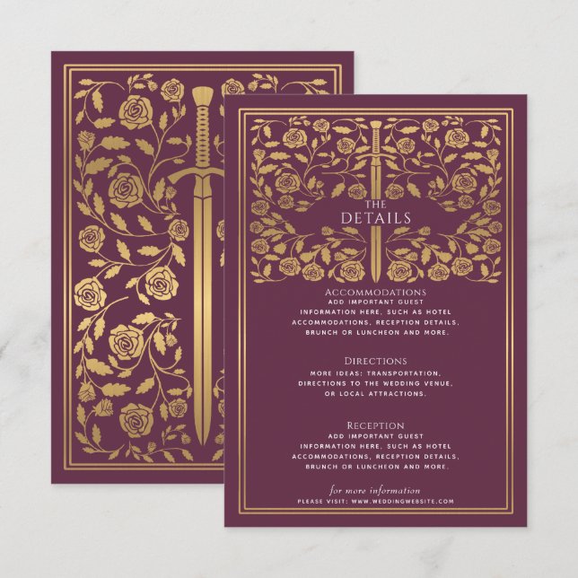 Carte D'accompagnement Mauve Royal Medieval Sword Détails du Mariage (Devant / Derrière)
