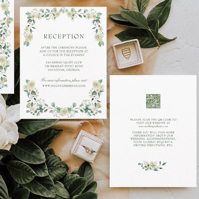 Carte D'accompagnement Megan Simple Verdure Salle De Réception De Mariage (Wedding reception enclosure card with white flowers and greenery. Perfect for church weddings.)