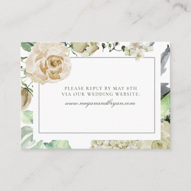 Carte D'accompagnement Megan White Roses Verdure Site Mariage RSVP (Devant)