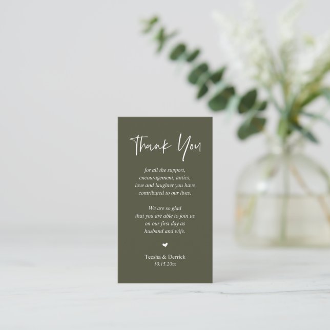 Carte D'accompagnement Merci coeur mariage, vert olive Sage (Debout devant)
