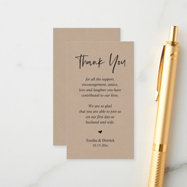 Carte D'accompagnement Merci de coeur mariage, Rustique Brown Kraft (Devant/Arrière en situation)