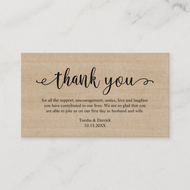 Carte D'accompagnement Merci mariage, bois Brown rustique moderne (Devant)