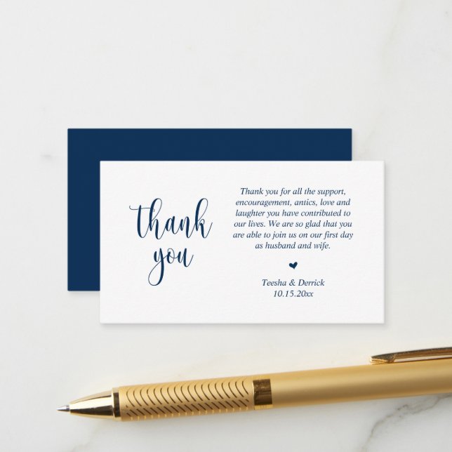 Carte D'accompagnement Merci mariage, Script moderne, Bleu de marine clas (Devant/Arrière en situation)