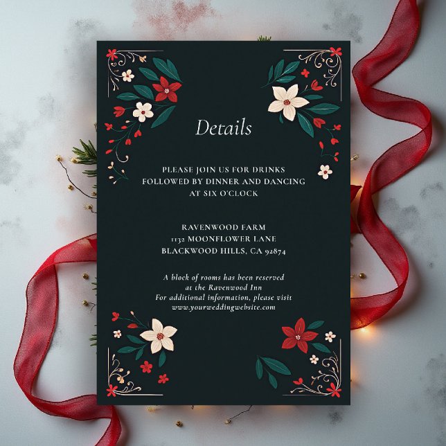 Carte D'accompagnement Mexican Rustic Elegant Christmas Wedding Details (mexican wedding details card christmas theme floral botanical frame poinsettias red white black)
