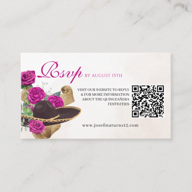 Carte D'accompagnement Mexicana Mariachi Charra Magenta Roses Quinceanera (Devant)