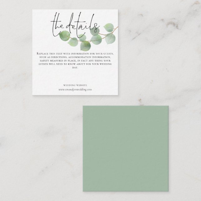 Carte D'accompagnement MINI Modern Eucalyptus Détails du Mariage Script (Devant / Derrière)